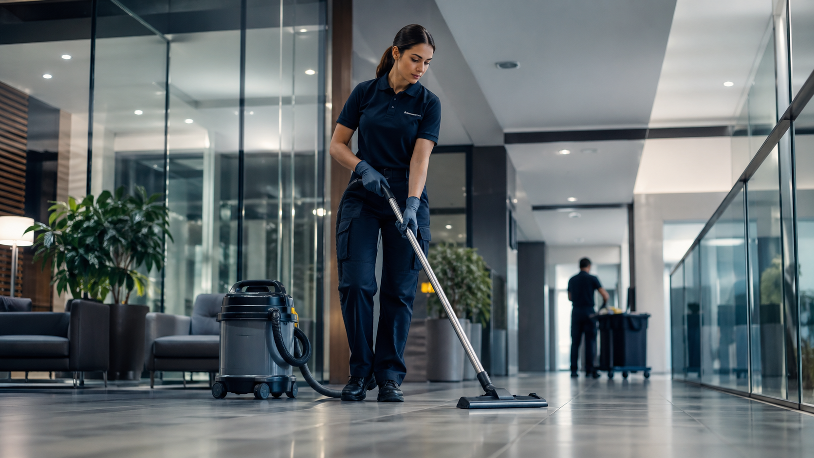 Professionelle Reinigungsarbeit in einem modernen Gewerbeobjekt